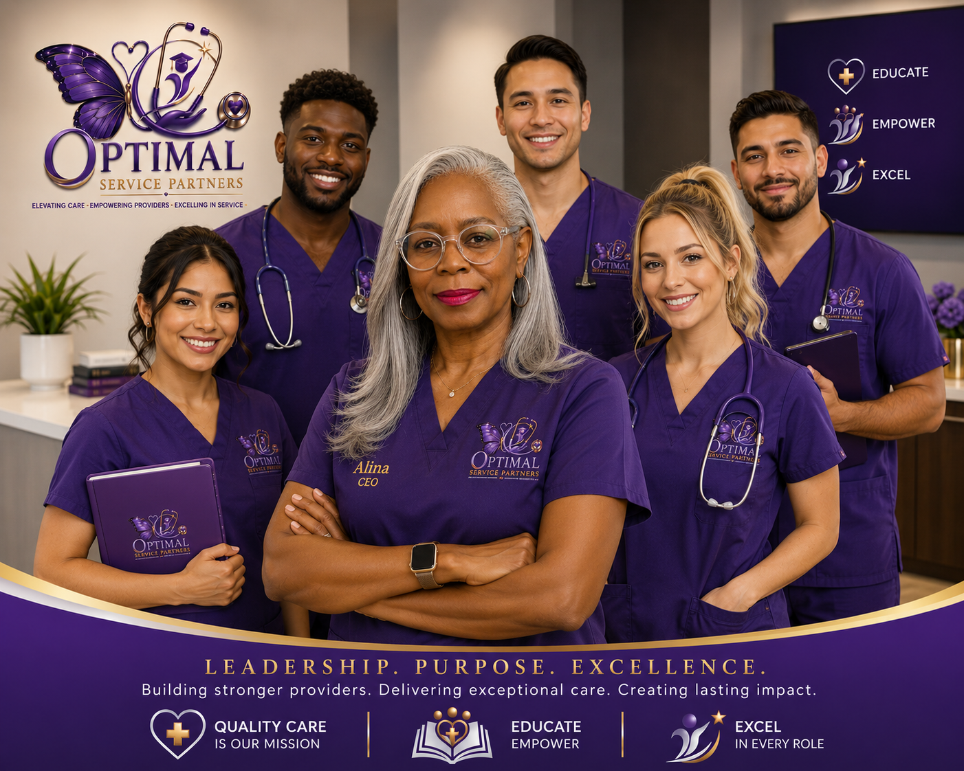 The Optimal Service Partners team — diverse caregivers in purple scrubs led by CEO Alina